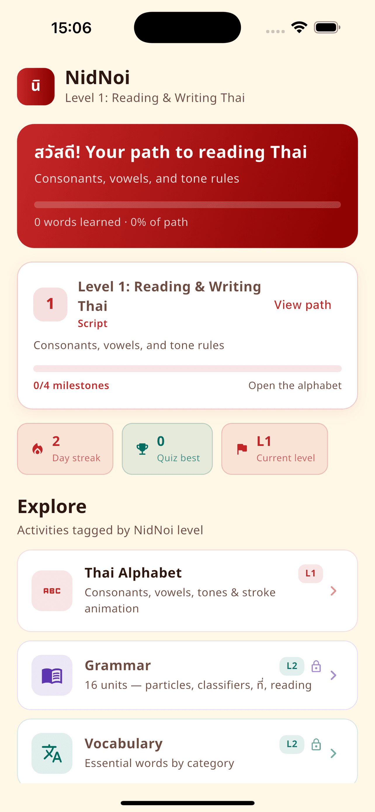 NidNoi app home screen showing learning path and explore sections